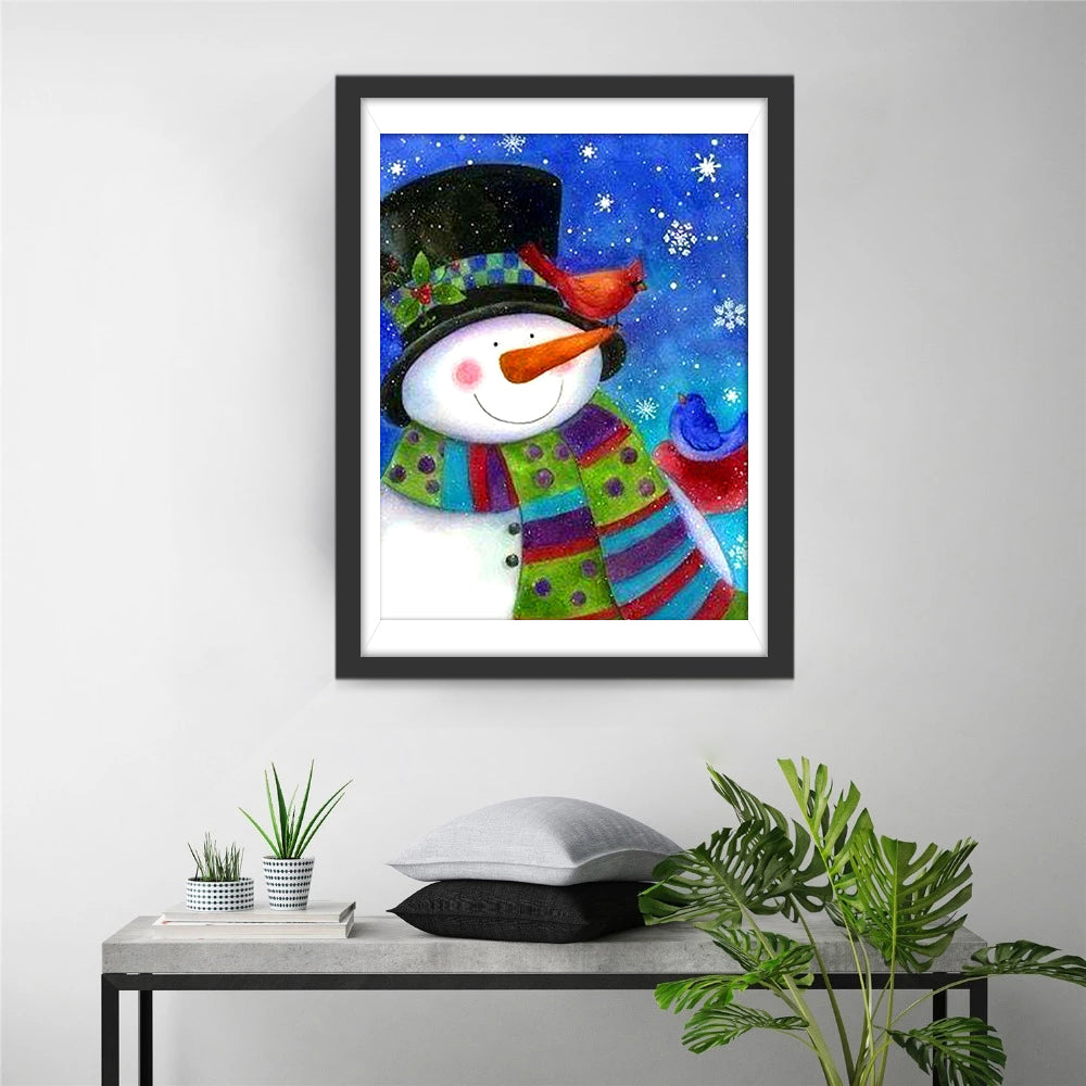 Aardige Sneeuwman en Kleurrijke Vogels in Winters Tafereel  Diamond Painting