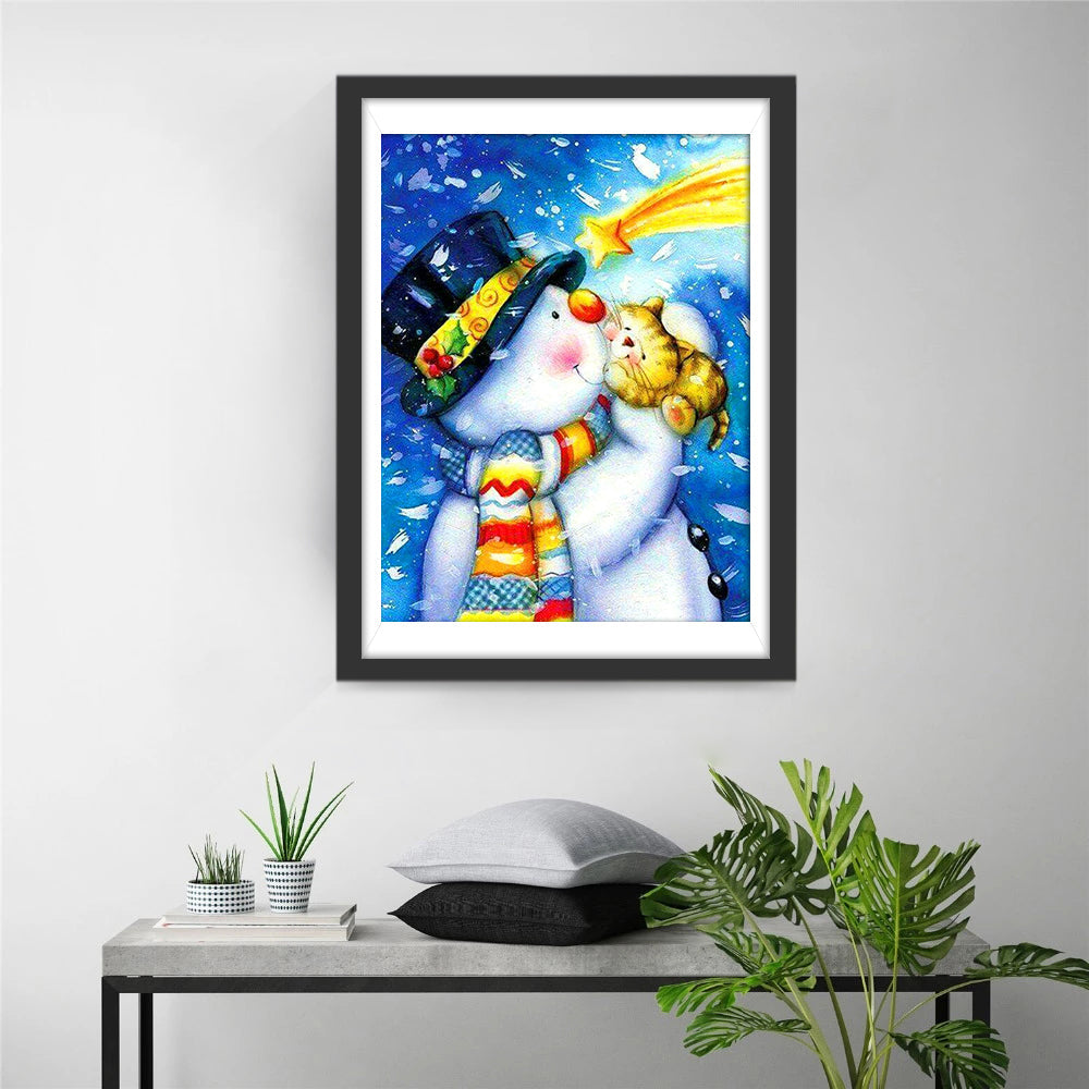 Aardige Sneeuwman en Leuk Poesje onder Vallende Ster Diamond Painting