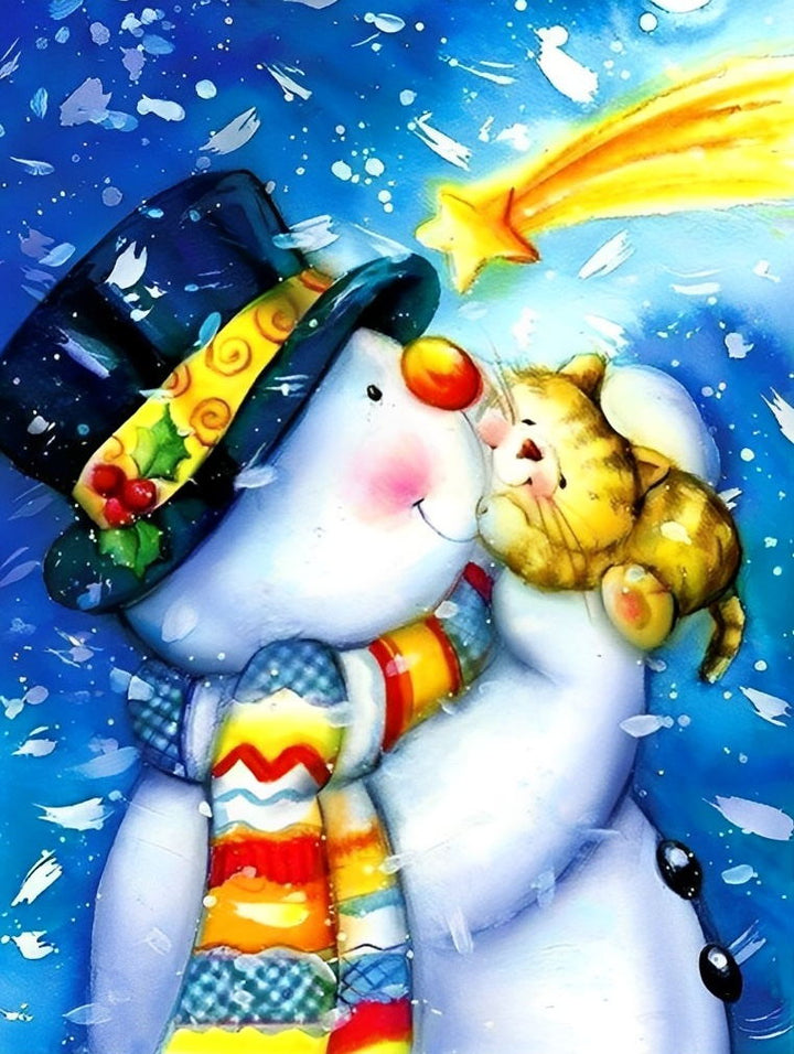 Aardige Sneeuwman en Leuk Poesje onder Vallende Ster Diamond Painting