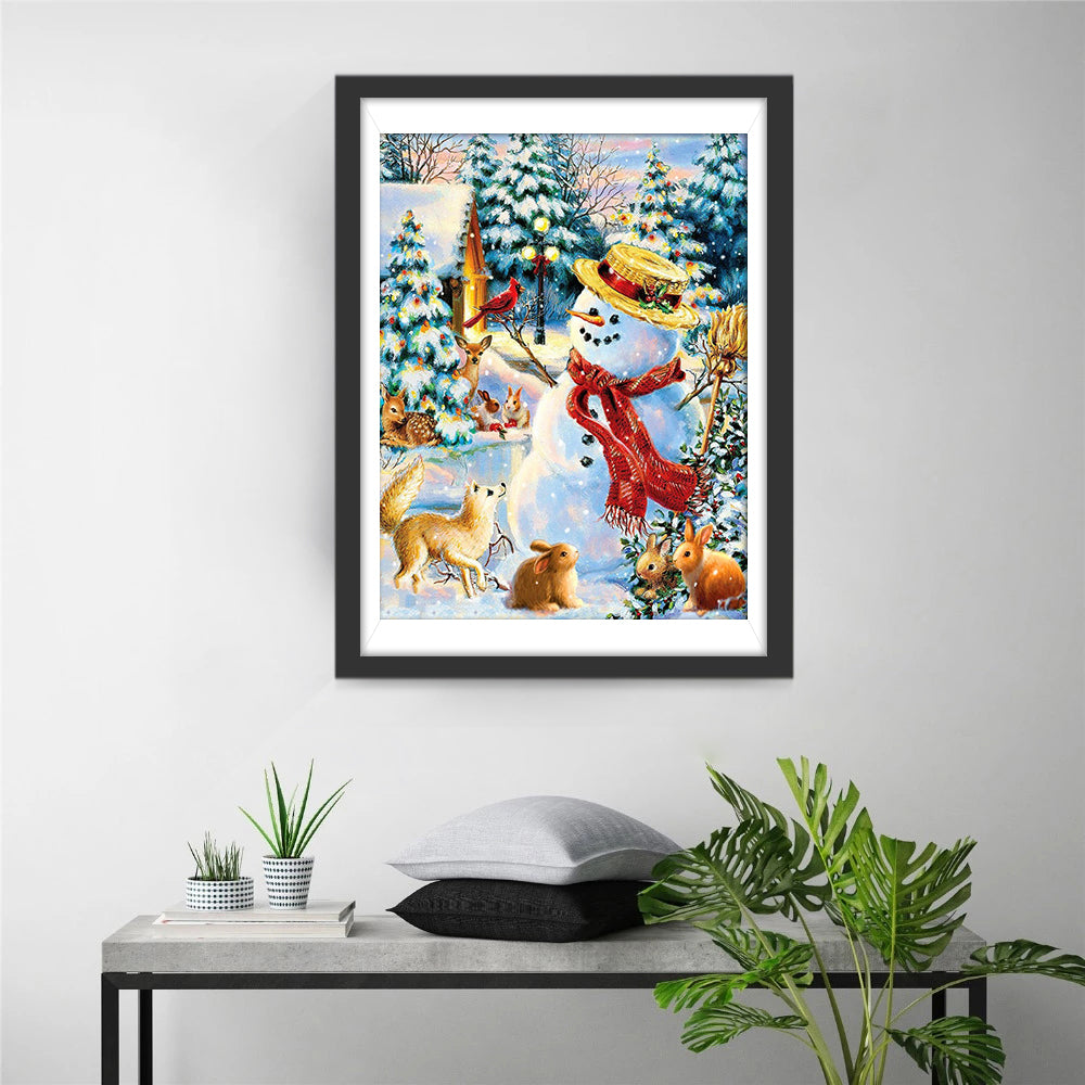 Aardige Sneeuwpop met Rode Sjaal en Schattige Bosdieren Diamond Painting