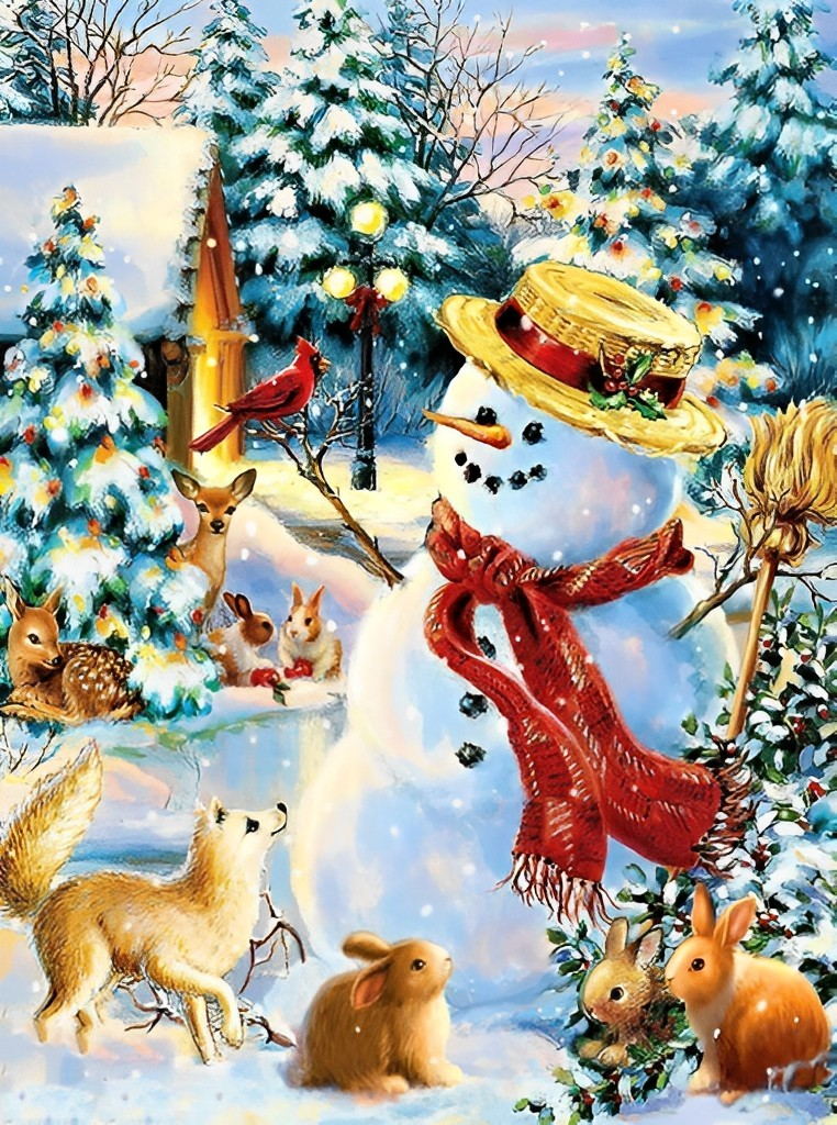 Aardige Sneeuwpop met Rode Sjaal en Schattige Bosdieren Diamond Painting