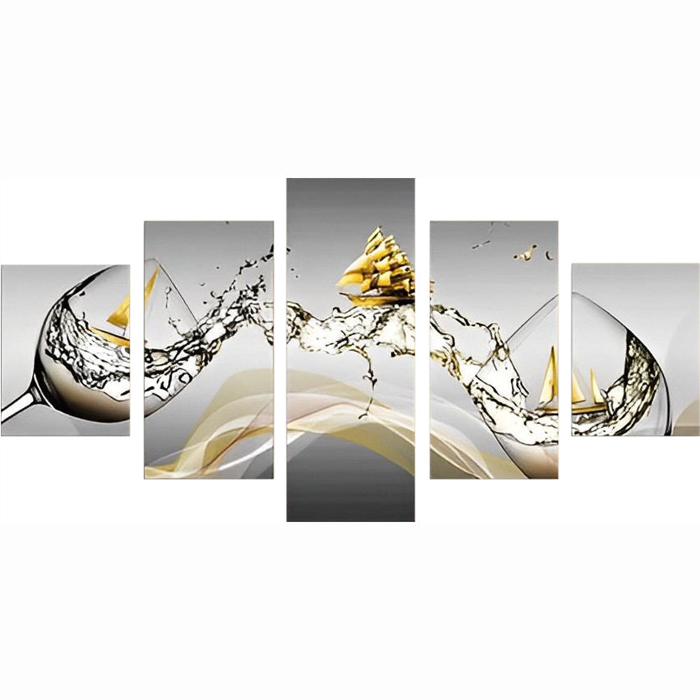 Abstract-Maritieme Kunst met Gouden Schip en Dynamische Golfen 5 Platen Diamond Painting