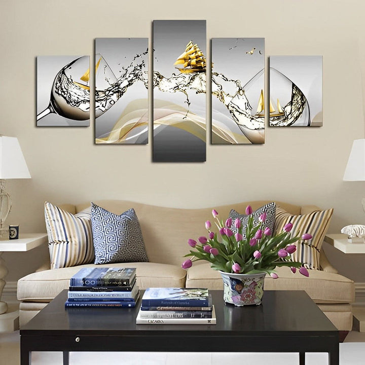 Abstract-Maritieme Kunst met Gouden Schip en Dynamische Golfen 5 Platen Diamond Painting
