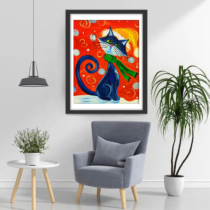 Abstracte Zwarte Kat met Groene Sjaal en Gele Muts Diamond Painting