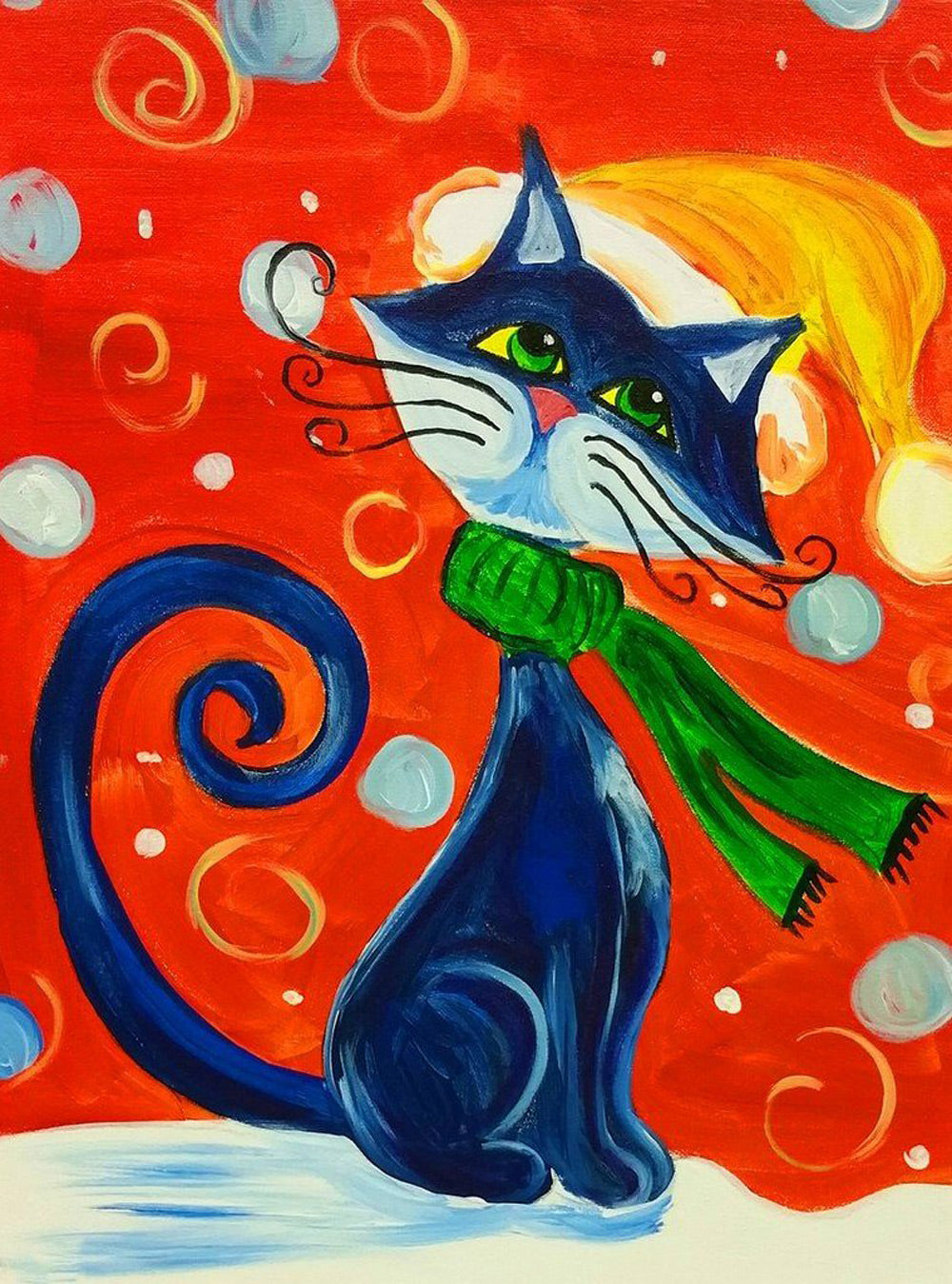 Abstracte Zwarte Kat met Groene Sjaal en Gele Muts Diamond Painting