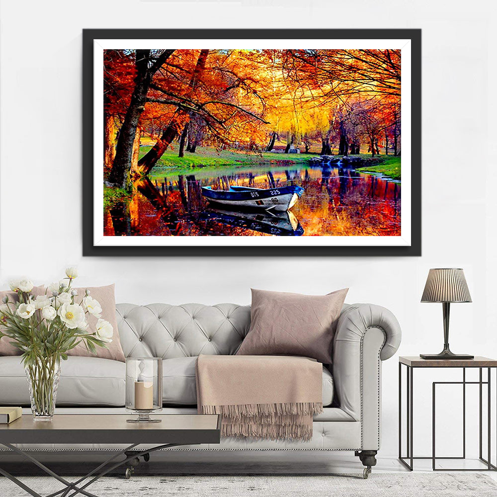Adembenemend Herfstgezicht met Bootje in het Water Diamond Painting