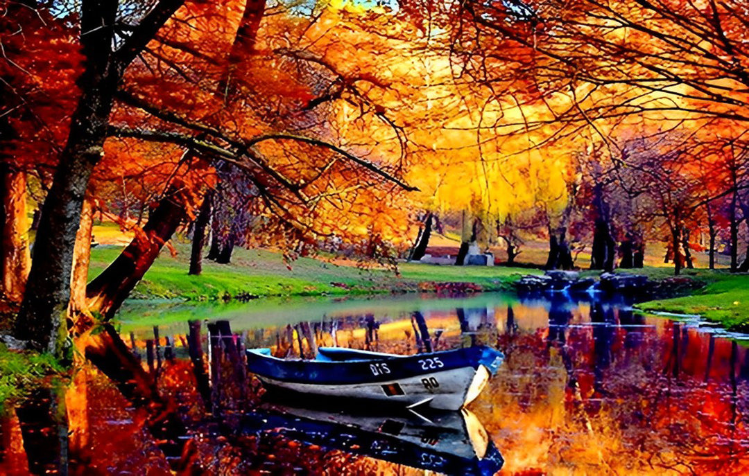 Adembenemend Herfstgezicht met Bootje in het Water Diamond Painting