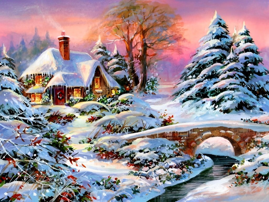 Adembenemend Wintertaferel van een Sneeuwdorp Diamond Painting