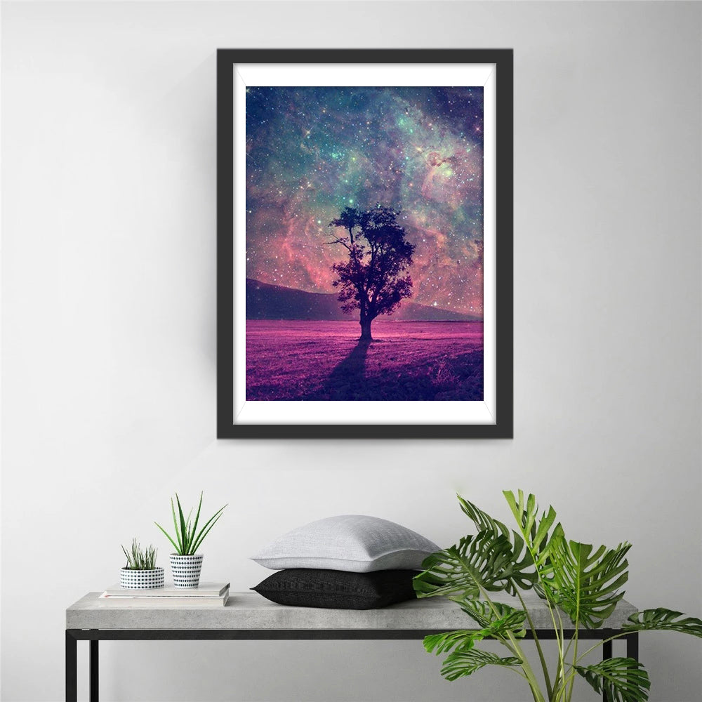 Alleenstaande Boom in Sterrenhemel Diamond Painting