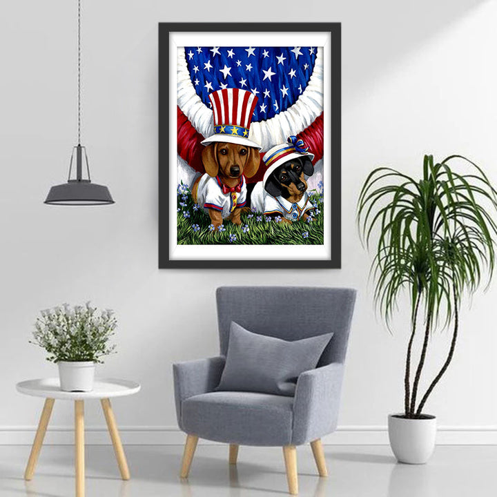 Amerikaanse Honden in Stijlvolle Hoedjes Diamond Painting