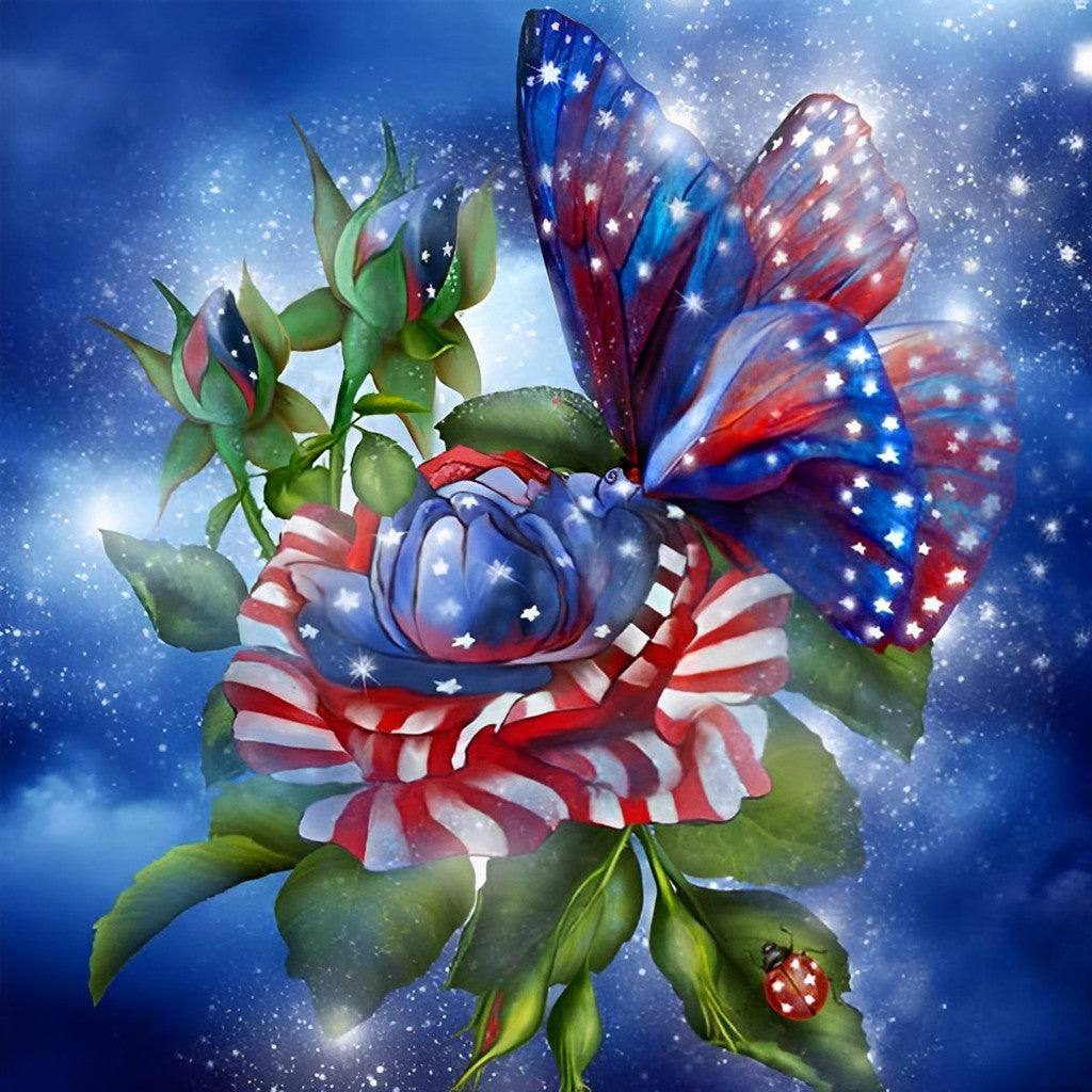 Amerikaanse Rozen met een Vlinder Diamond Painting