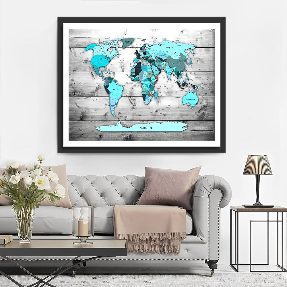 Aqua-tinten Wereldkaart op Houten Achtergrond Diamond Painting