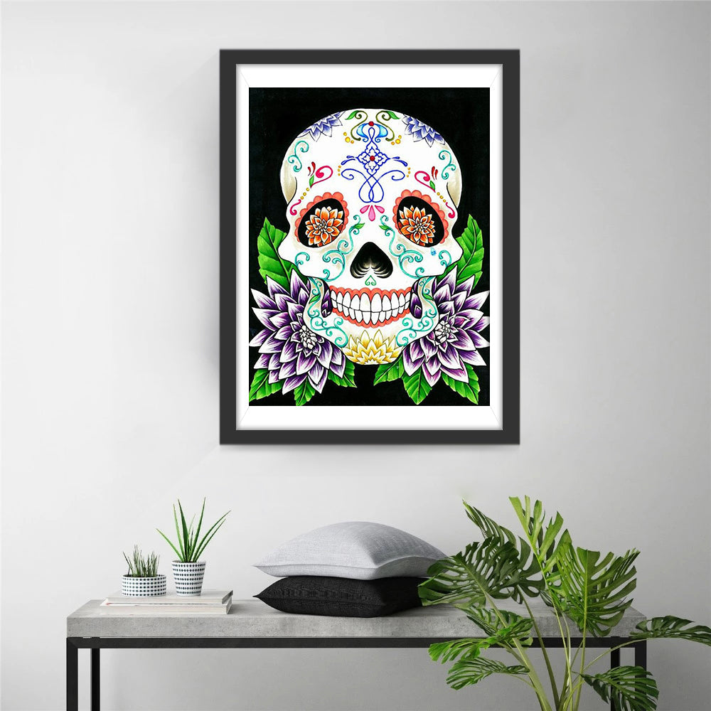 Artistiek Geëtaleerde Doodskop met Florale Elementen Diamond Painting
