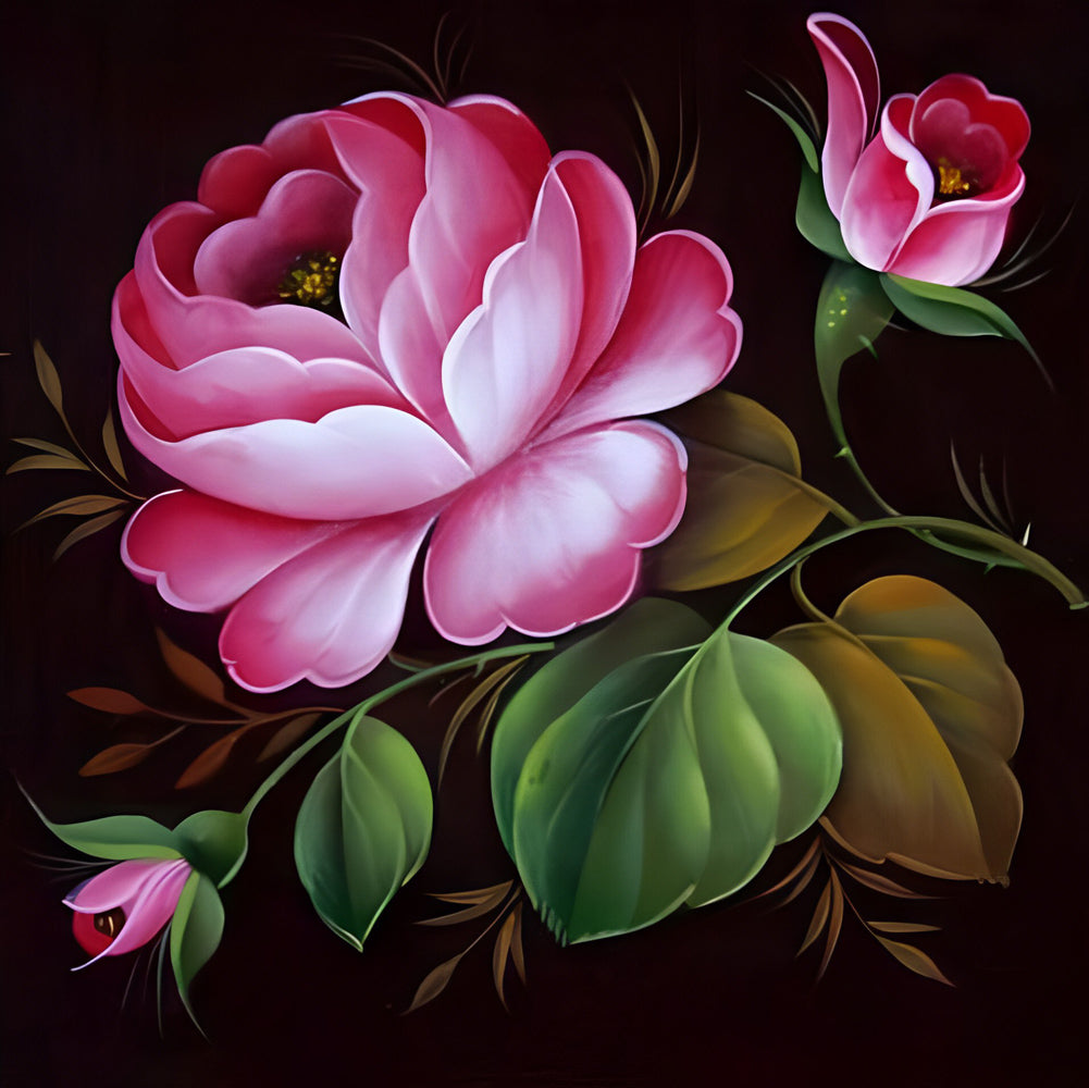 Artistieke Roos met Bladeren Diamond Painting