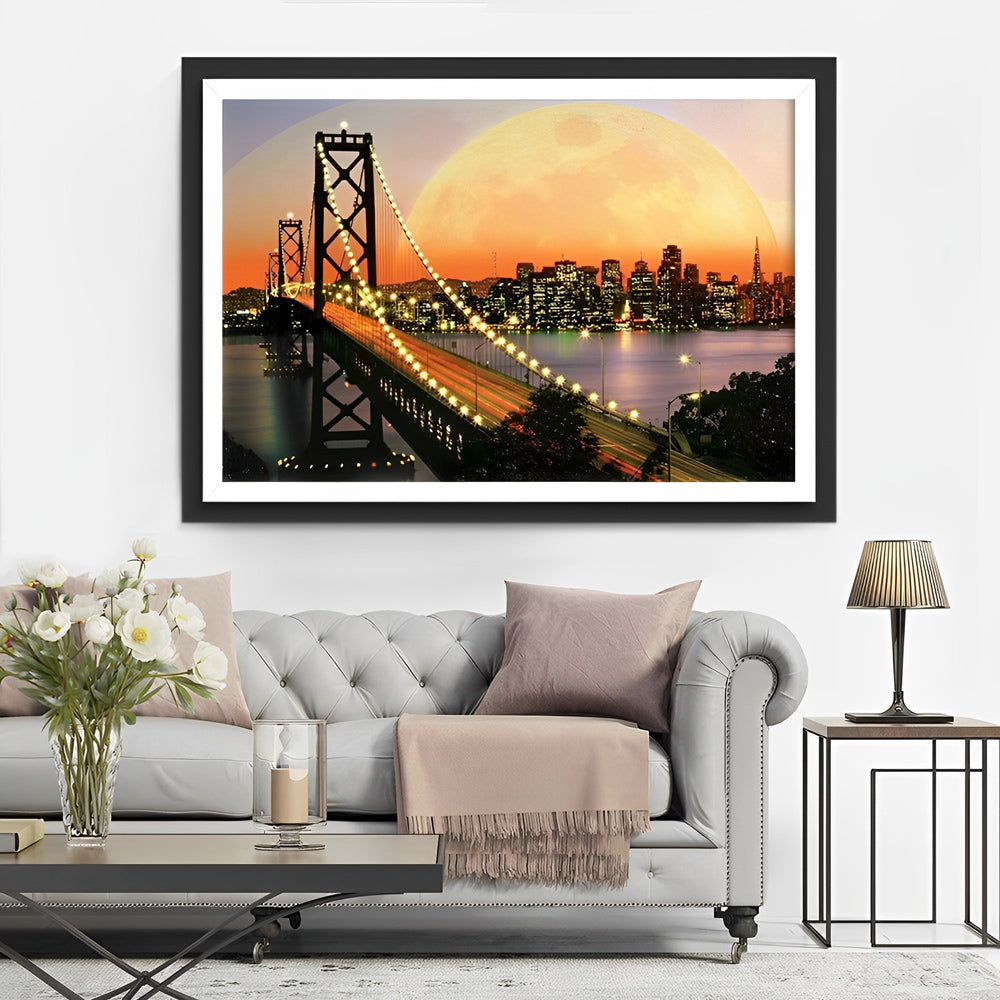 Avondscène met Volle Maan, Brug en Stad Diamond Painting