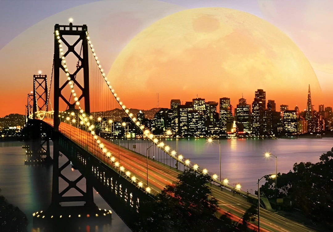 Avondscène met Volle Maan, Brug en Stad Diamond Painting