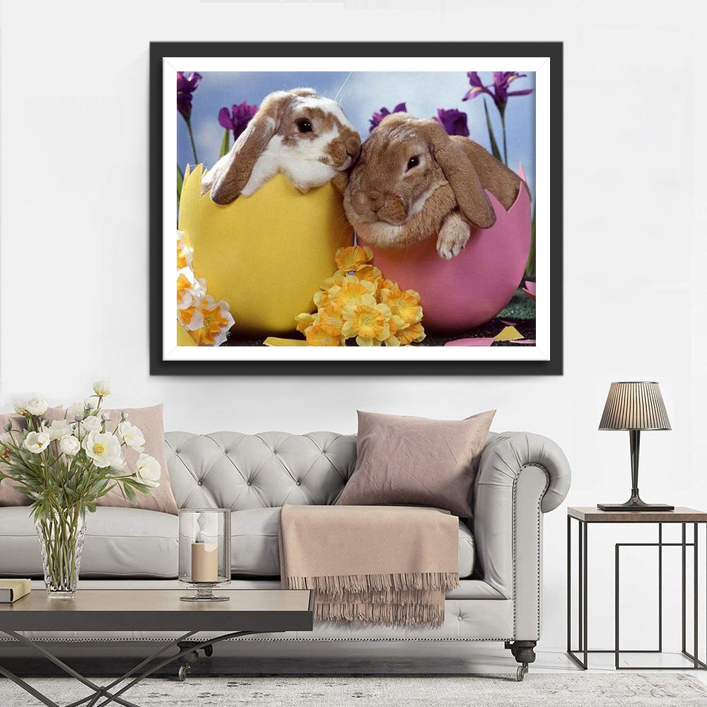 Babykonijnen in Gekleurde Eitjes met Bloemen Diamond Painting
