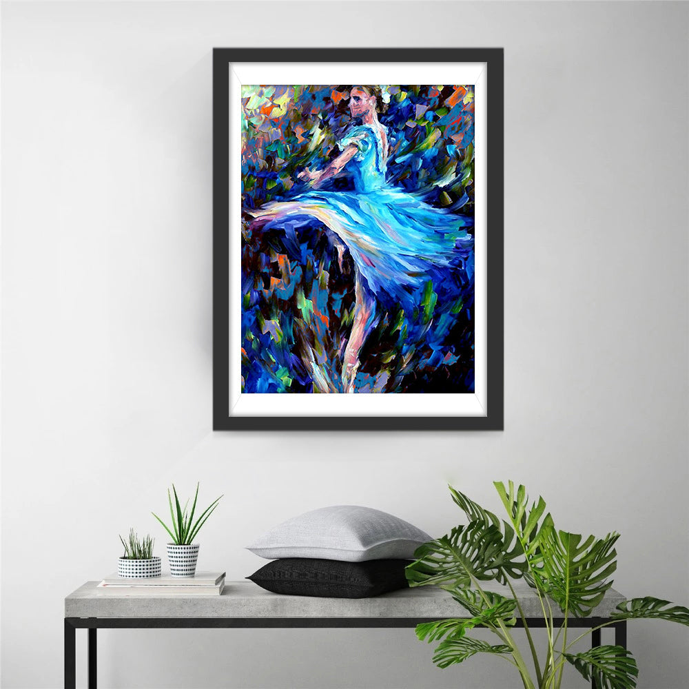 Ballerina in Blauwe Jurk in Energieke Dansbeweging Diamond Painting