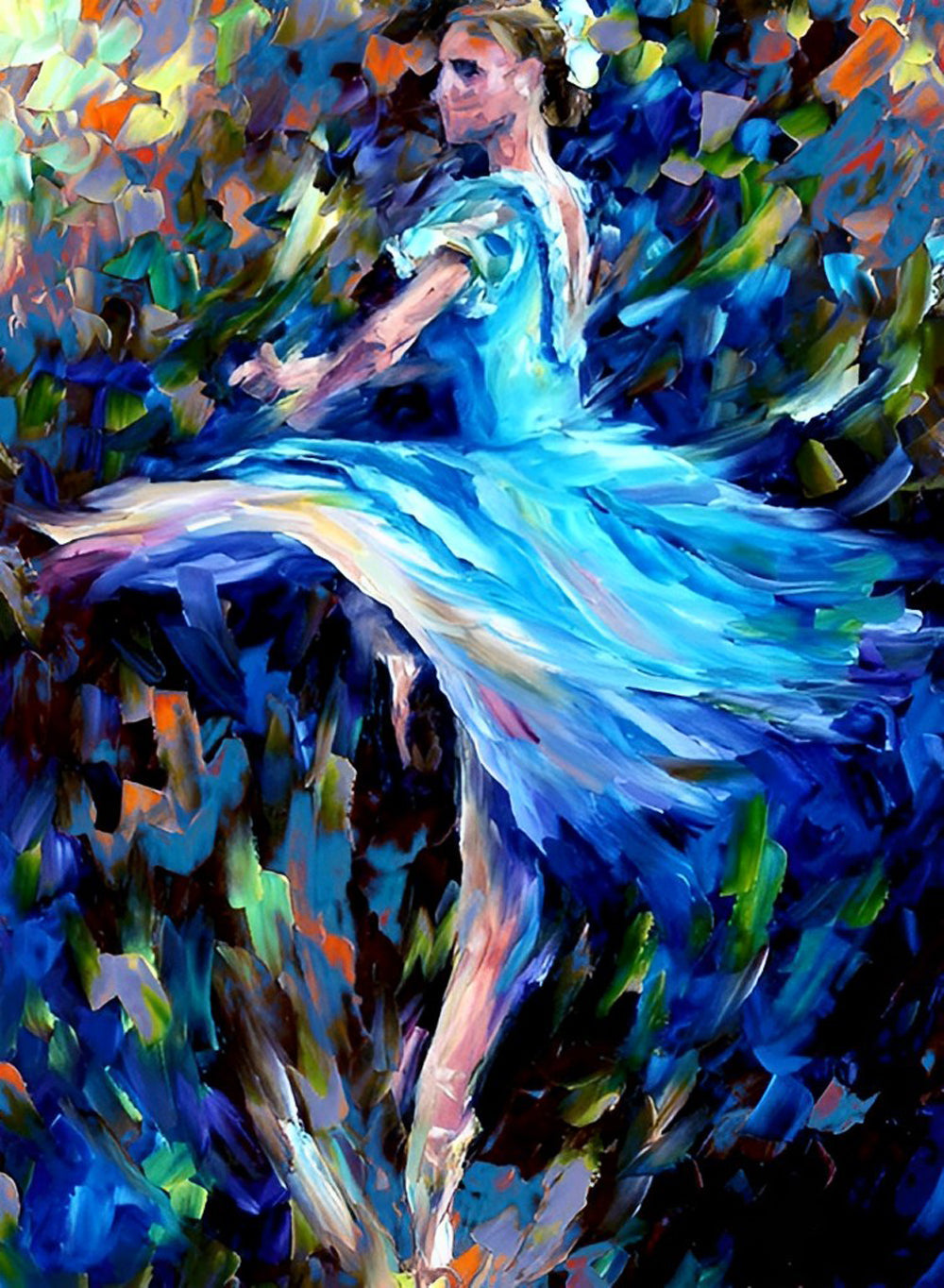 Ballerina in Blauwe Jurk in Energieke Dansbeweging Diamond Painting