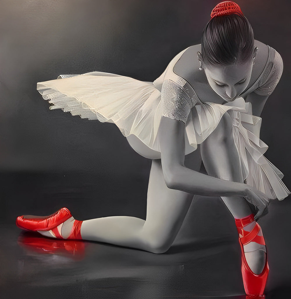 Ballerina met Rode Schoenen aan het Aantrekken Diamond Painting