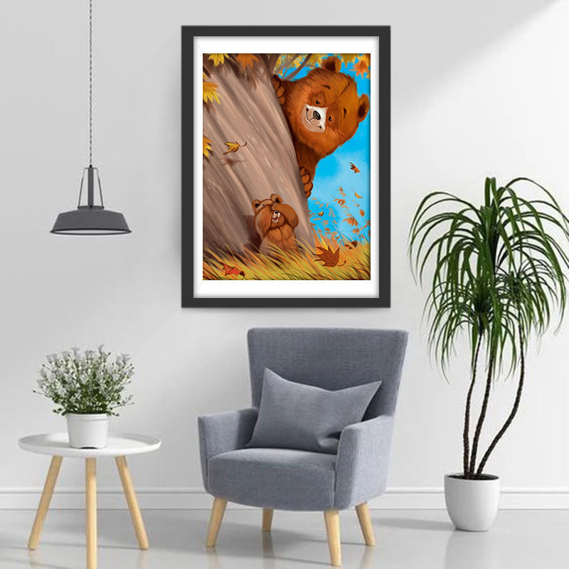 Beer en baby Spelen Verstoppertje Diamond Painting