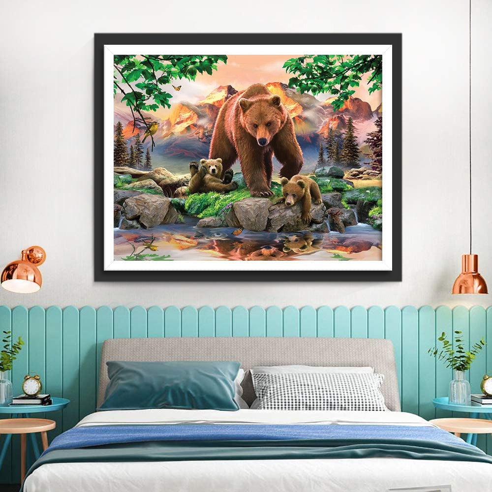 Beren en Berenwelpen aan de Oever van de Rivier Diamond Painting