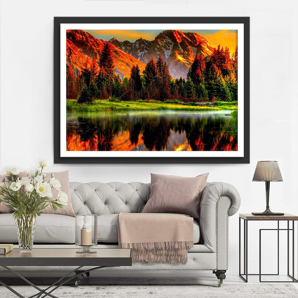 Bergen en Bomen Weerspiegeld in het Meer Diamond Painting
