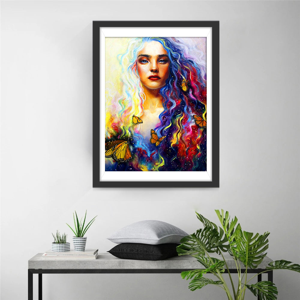 Betoverend Wezen in Kleurrijke Krullen en Vlindergezel Diamond Painting