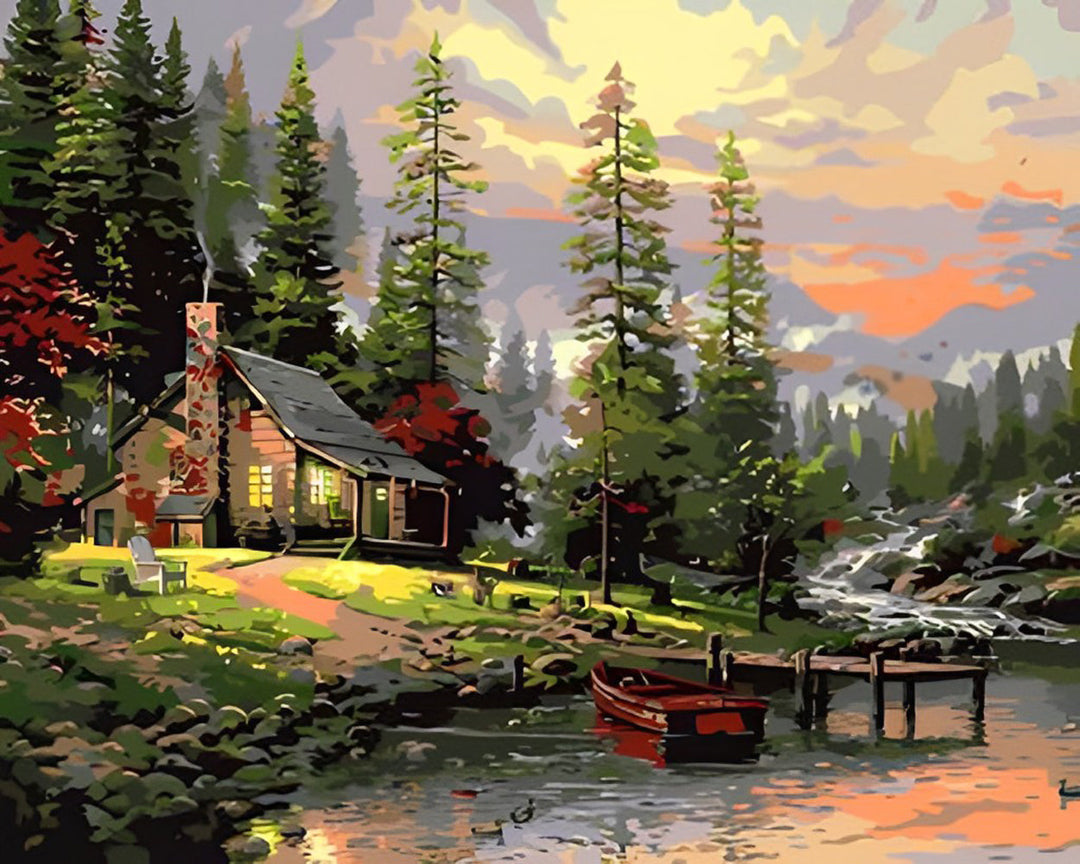 Betoverende Sfeer van een Huisje aan het Water Diamond Painting