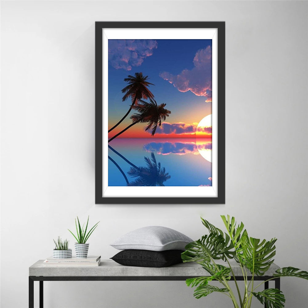 Betoverende Zonsondergang met Palmen en Spiegelend Wateroppervlak Diamond Painting