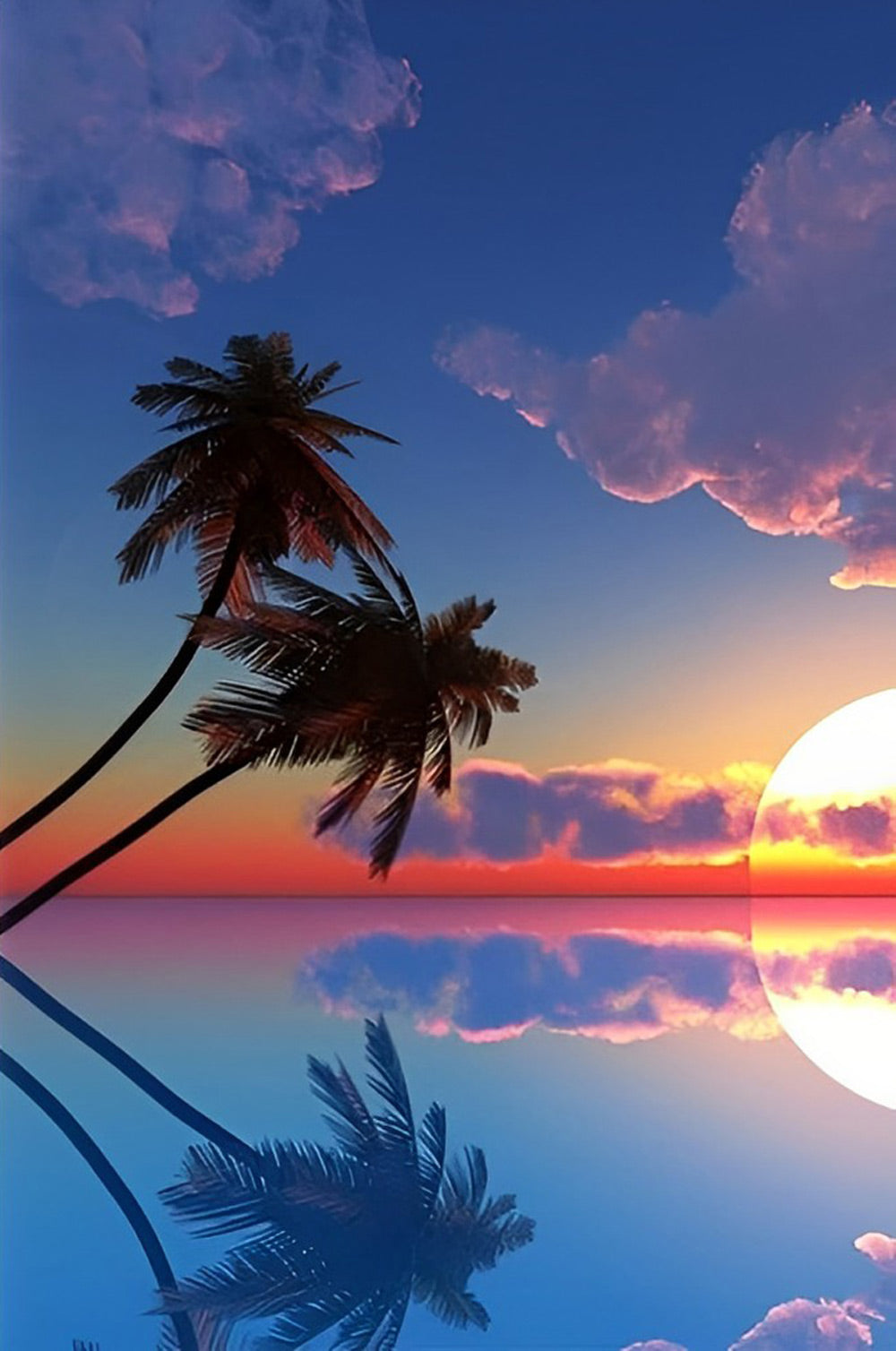 Betoverende Zonsondergang met Palmen en Spiegelend Wateroppervlak Diamond Painting