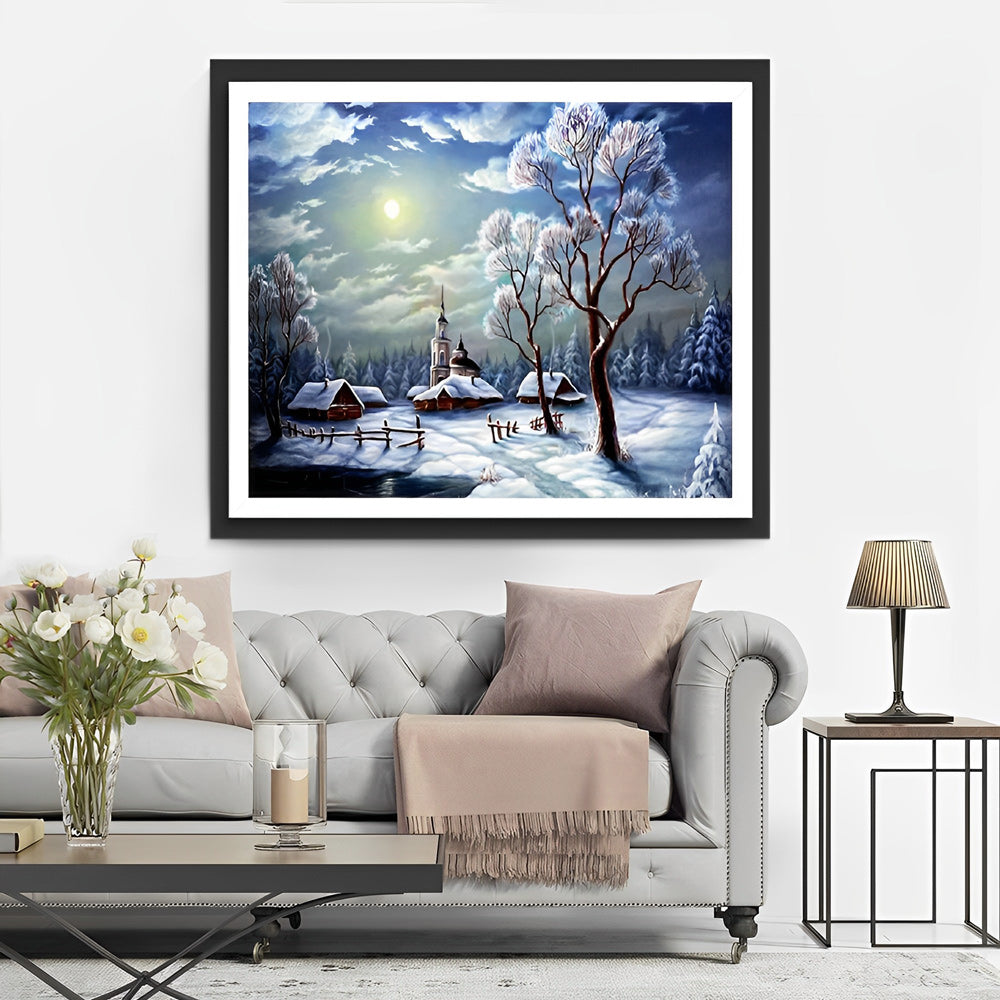 Bevroren Dorp onder Maanlicht Diamond Painting