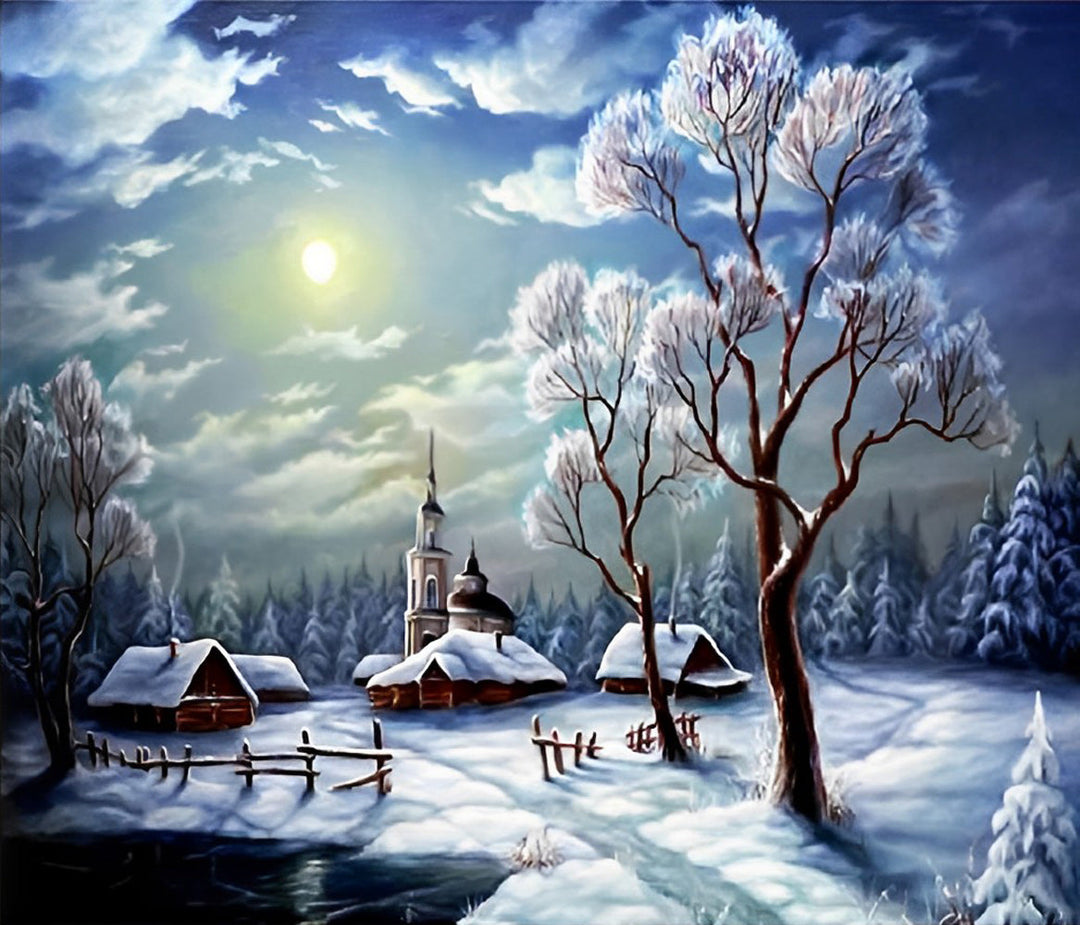 Bevroren Dorp onder Maanlicht Diamond Painting