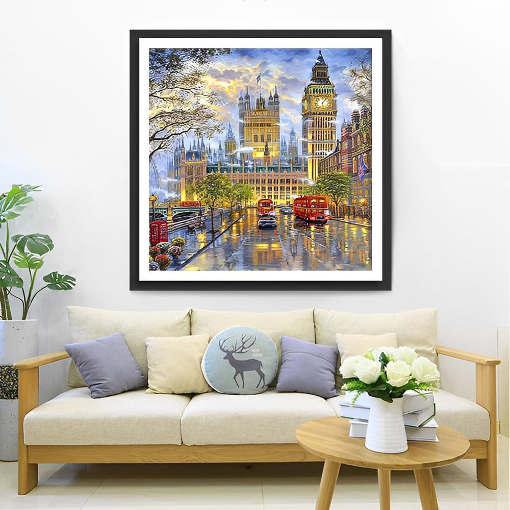 Big Ben en Rode Bussen op de Verlichte Straat Diamond Painting