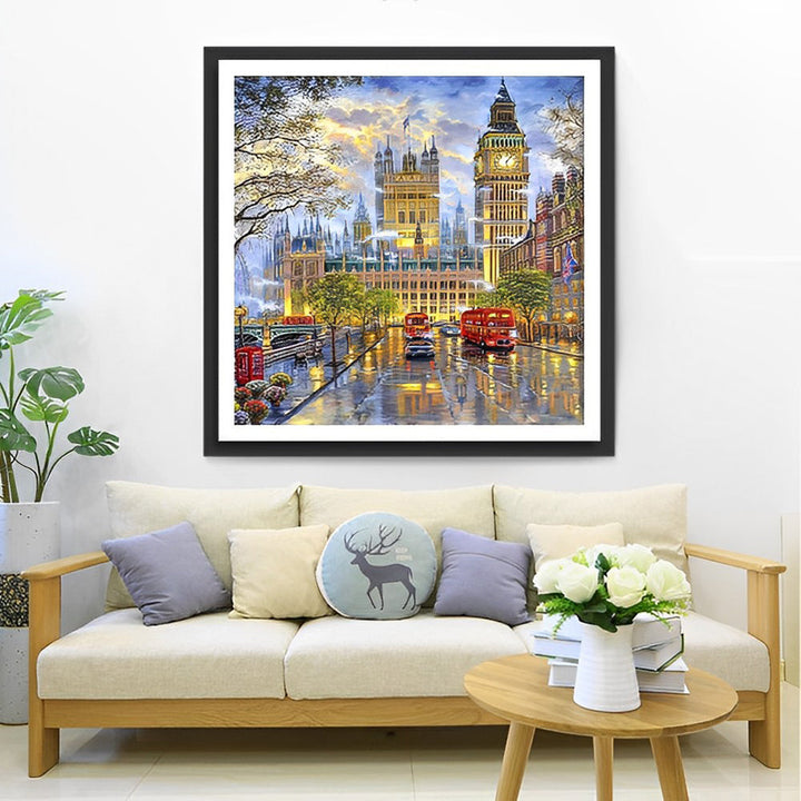 Big Ben en Rode Bussen op de Verlichte Straat Diamond Painting