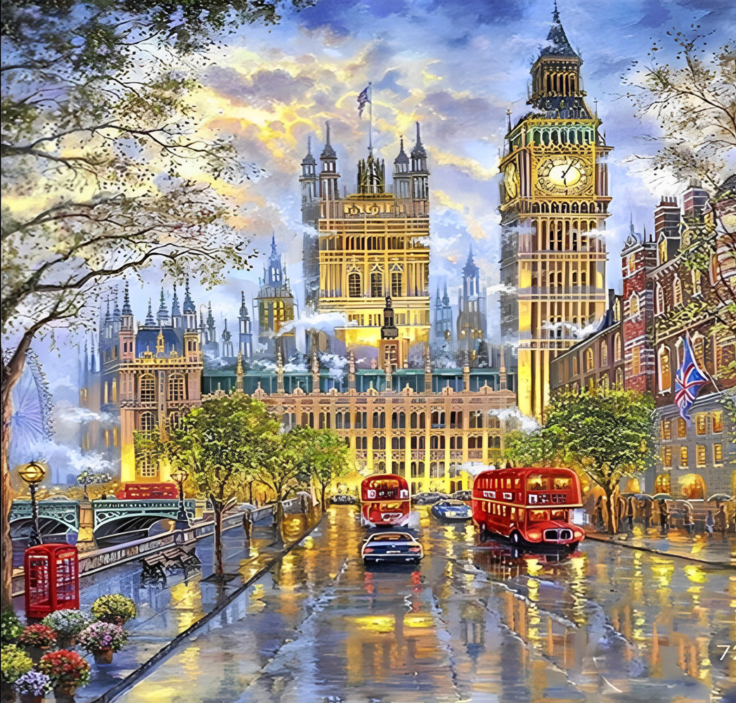 Big Ben en Rode Bussen op de Verlichte Straat Diamond Painting