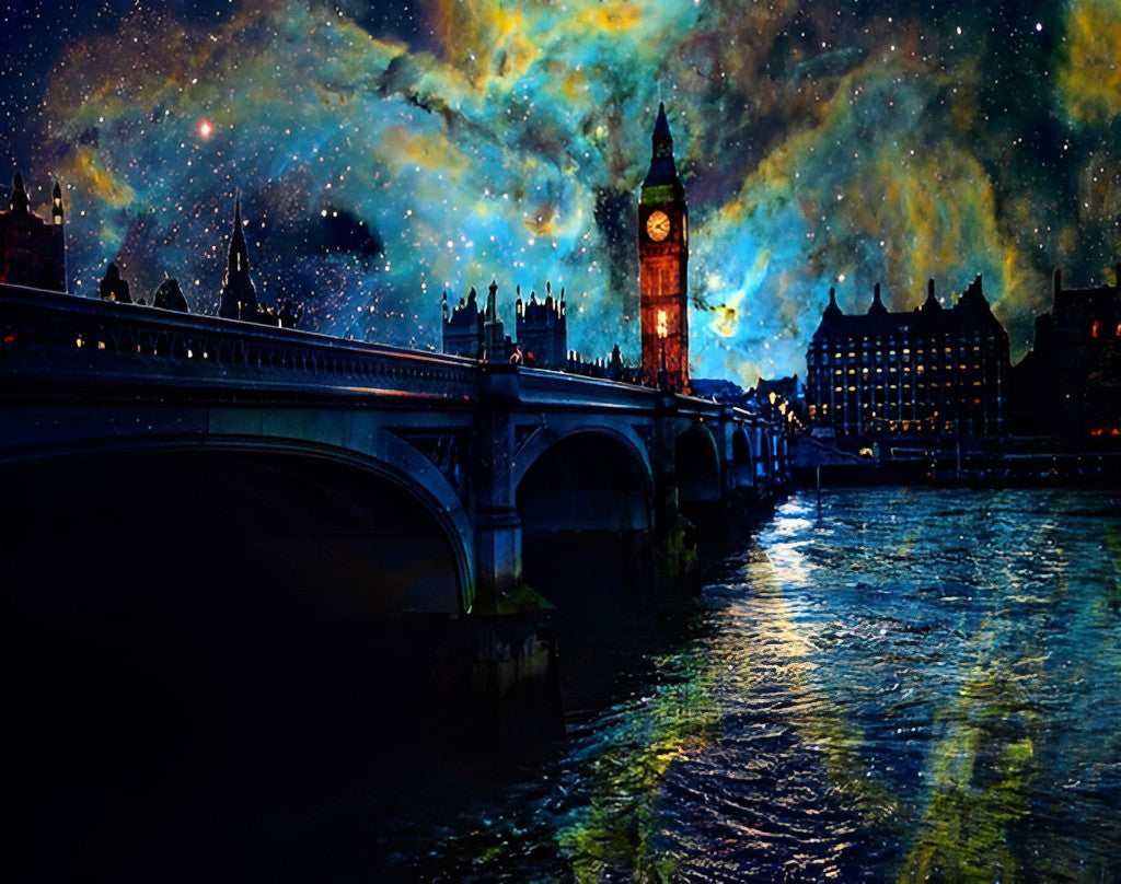 Big Ben en Westminster Bridge onder een Kleurrijk Sterrendek Diamond Painting