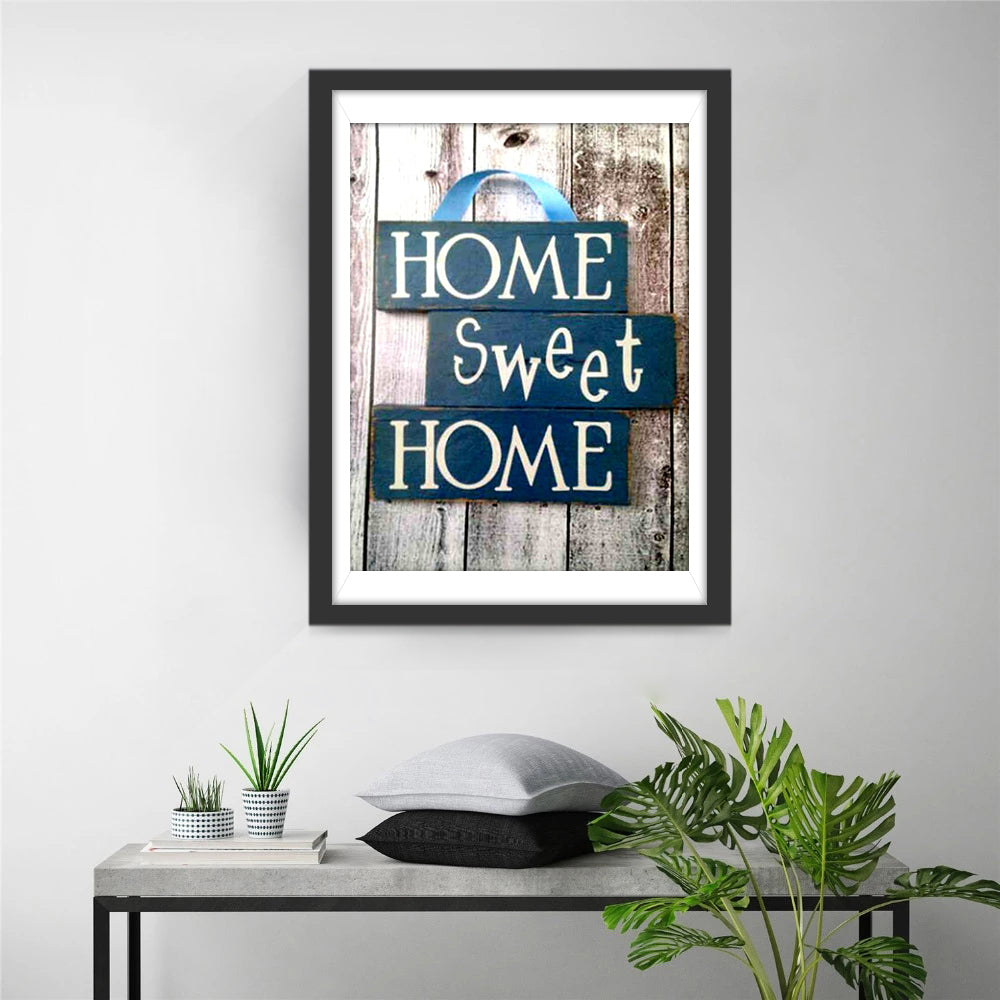 Blauw Houten Bordje met 'Thuis, lief thuis' Diamond Painting