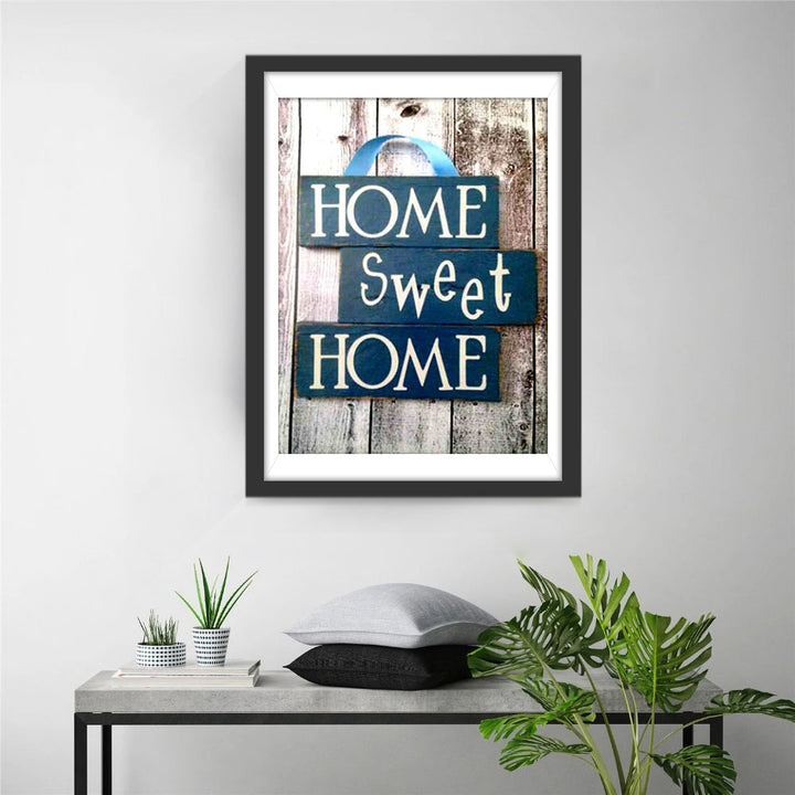 Blauw Houten Bordje met 'Thuis, lief thuis' Diamond Painting
