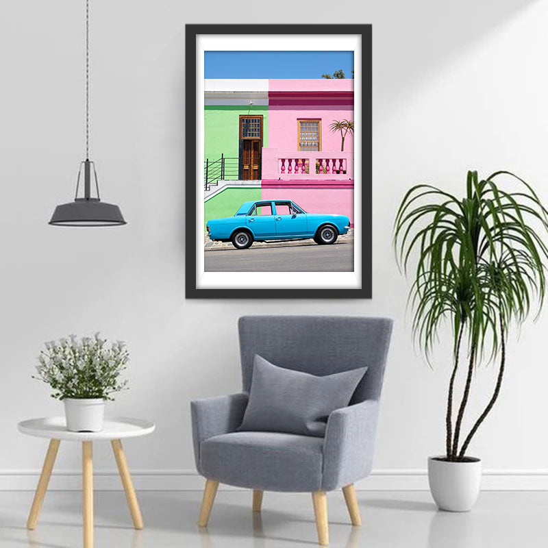 Blauwe Auto voor Kleurrijke Huizen Diamond Painting