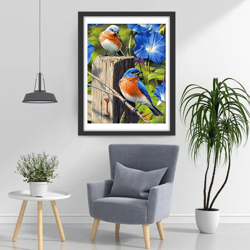Blauwe Bloemen en Blauwe Spotvogels Diamond Painting