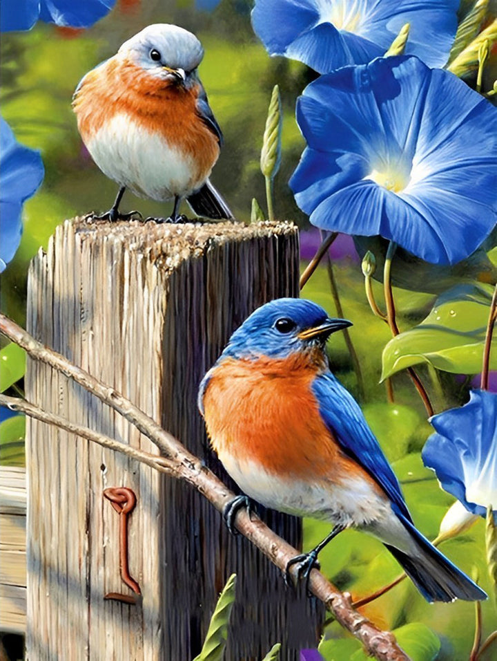 Blauwe Bloemen en Blauwe Spotvogels Diamond Painting