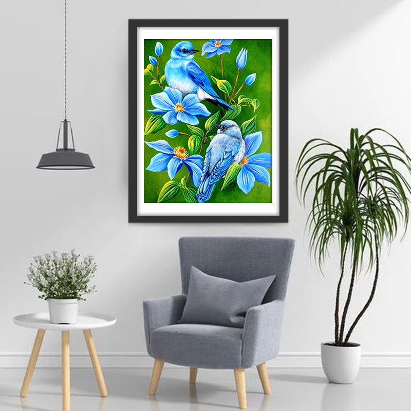 Blauwe Bloemen en Vogels Diamond Painting