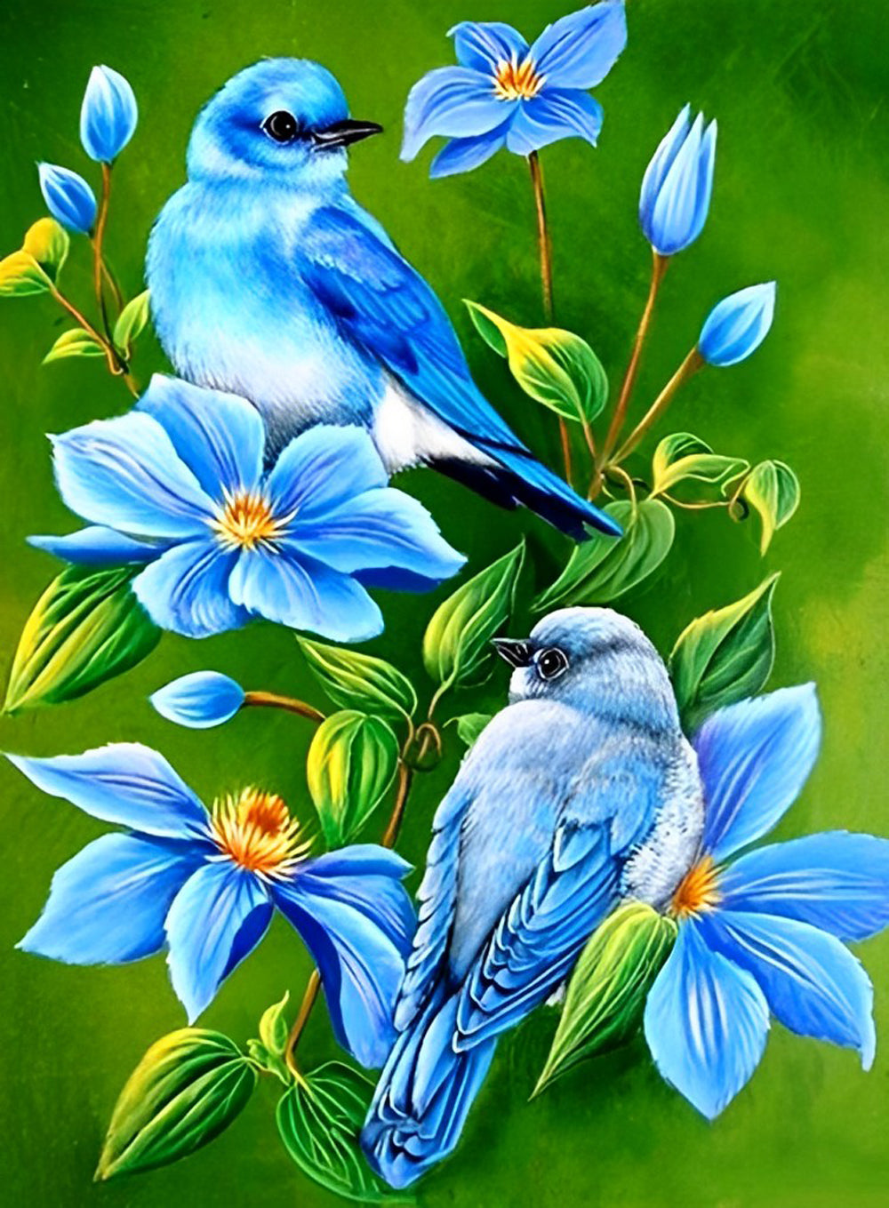 Blauwe Bloemen en Vogels Diamond Painting