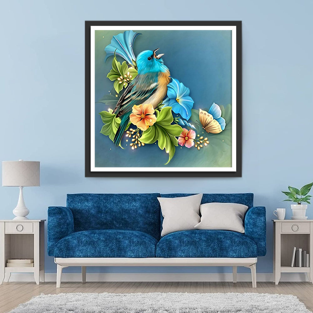 Blauwe Bloemen, Vogel en Vlinder Diamond Painting