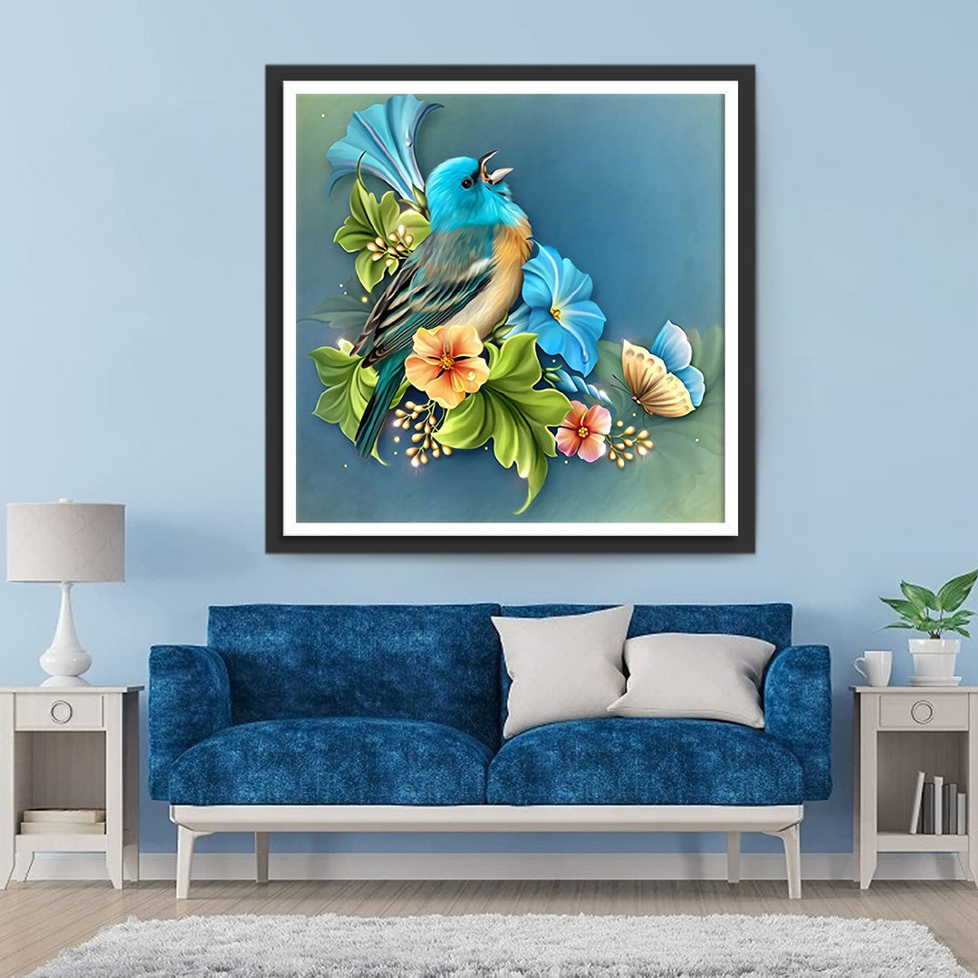 Blauwe Bloemen, Vogel en Vlinder Diamond Painting