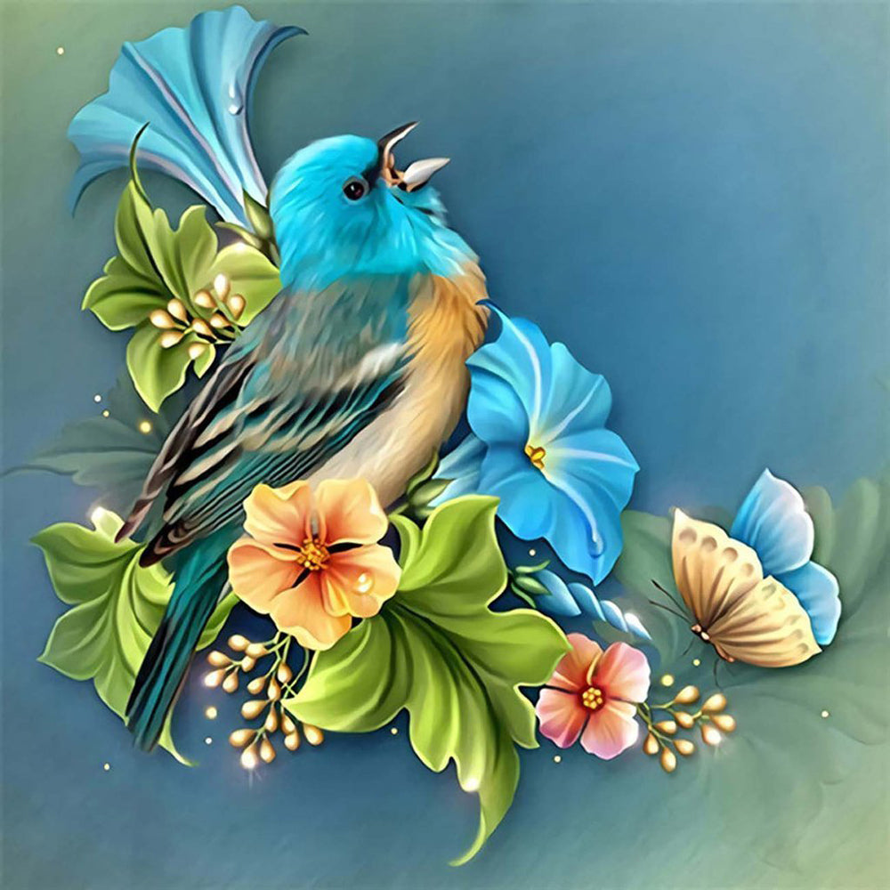 Blauwe Bloemen, Vogel en Vlinder Diamond Painting
