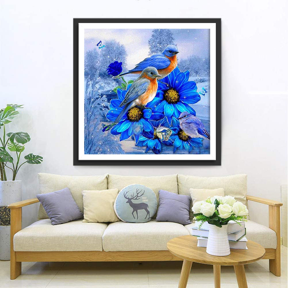 Blauwe Chrysanten en Vogels Diamond Painting