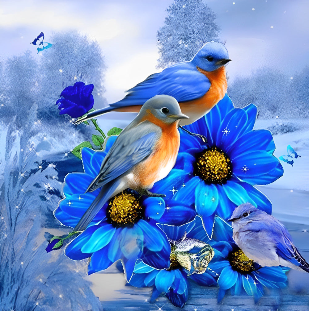 Blauwe Chrysanten en Vogels Diamond Painting