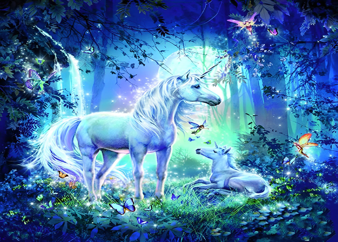 Blauwe Eenhoornmoeder en Baby in een Fantasiebos Diamond Painting